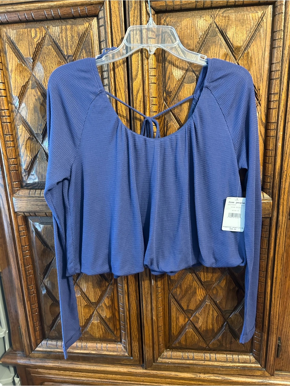 Free People Blue Long-Sleeve Scoop Crop Top with Back Tie